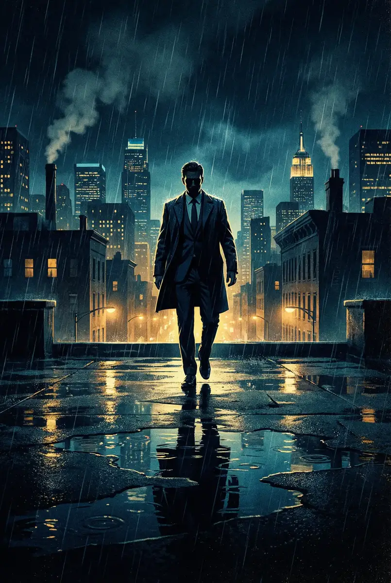 画皮电视剧 出品影片《雨夜独行者》海报，雨中城市屋顶男性剪影